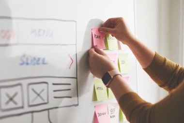 Beyaz tahtada kadın web tasarımcısı web sitesi ux uygulama geliştirmesi