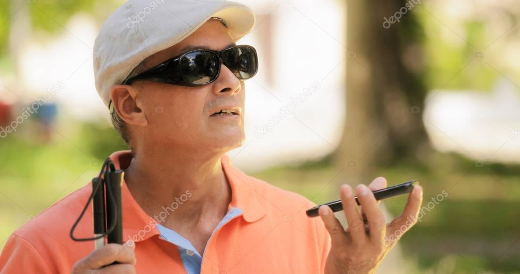 Blind Man Talking With Mobile Phone Disabled Man Speaking