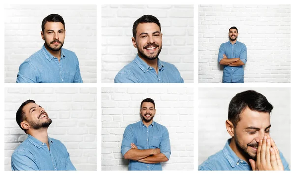 Expressions faciales de jeune homme barbu sur le mur de brique — Photo