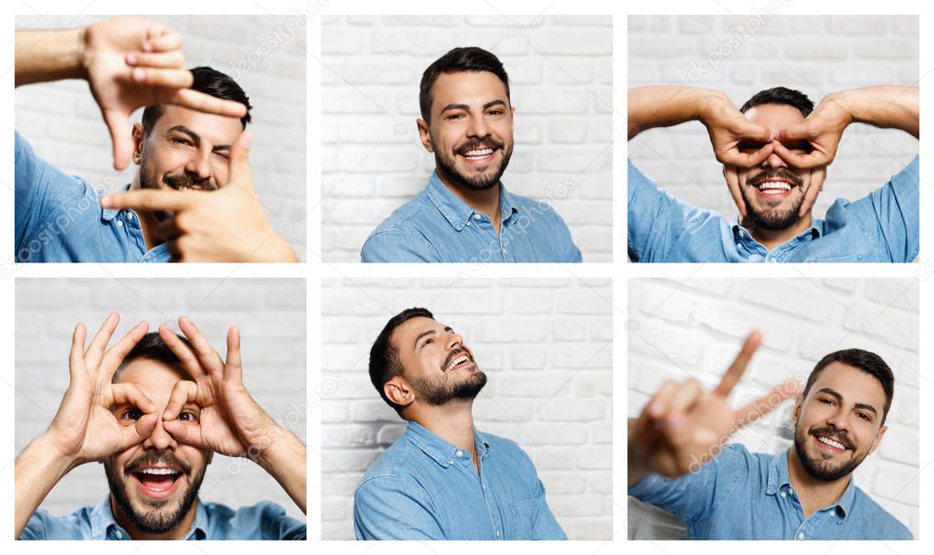 Facial Expressions Of Young Beard Man On Brick Wall