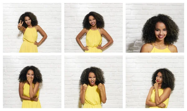Expresiones faciales de la joven mujer negra en la pared de ladrillo —  Fotos de Stock