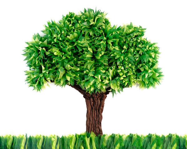 Tree Made With Recycled Paper Isolated On White Background. Concept of Environmental Conservation.