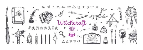 Witchcraft, magic shop for witches and wizards. Wicca and pagan tradition. Vector vintage collection. Hand drawn elements candles, book of shadows, potion, tarot — Stock vektor