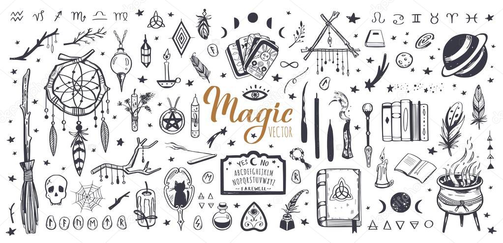 Witchcraft, magic background for witches and wizards. Wicca and pagan tradition. Vector vintage collection. Hand drawn elements candles, book of shadows, potion, tarot