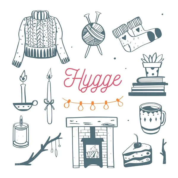 Deense levensstijl concept- Hygge. Vector hand getekend illustraties. Gezellige elementen voor het winterseizoen. Open haard, kaarsen, cacao en andere hygge — Stockvector