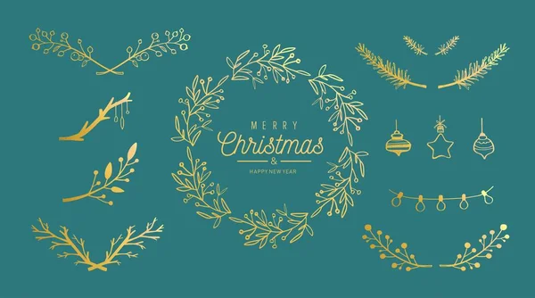 Joyeux Noël vecteur décoration dessinée à la main ensemble. Couronne de Noël, brunchs gui, berrie — Image vectorielle