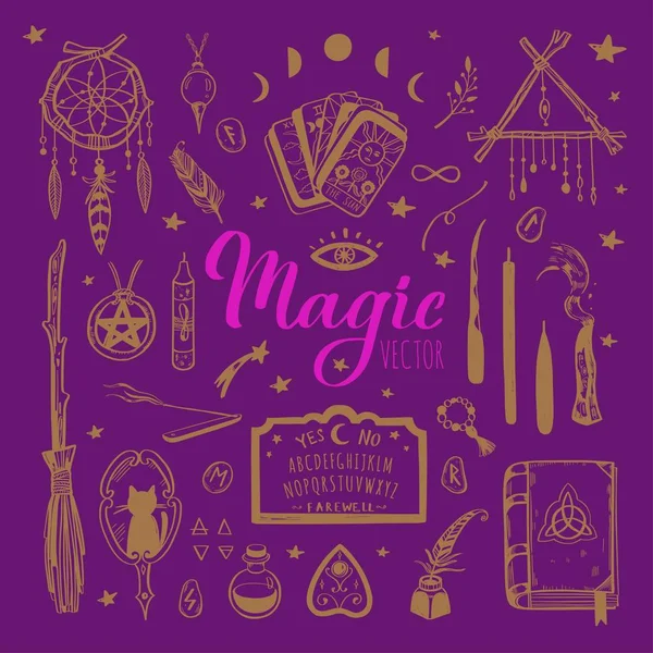 魔女や魔法使いのための魔法の背景ウィッカと異教の伝統。ベクトルヴィンテージコレクション。手描きの要素キャンドル、影の本、ポーション、タロットカード — ストックベクタ