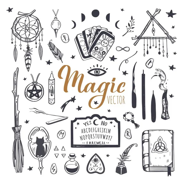 Witchcraft, magic background for witches and wizards. Wicca and pagan tradition. Vector vintage collection. Hand drawn elements candles, book of shadows, potion, tarot cards — Stock Vector