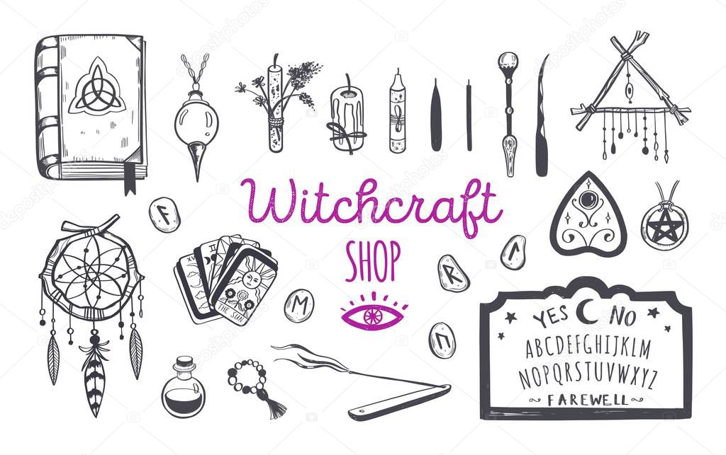 Witchcraft, magic background for witches and wizards. Wicca and pagan tradition. Vector vintage collection. Hand drawn elements candles, book of shadows, potion, tarot cards