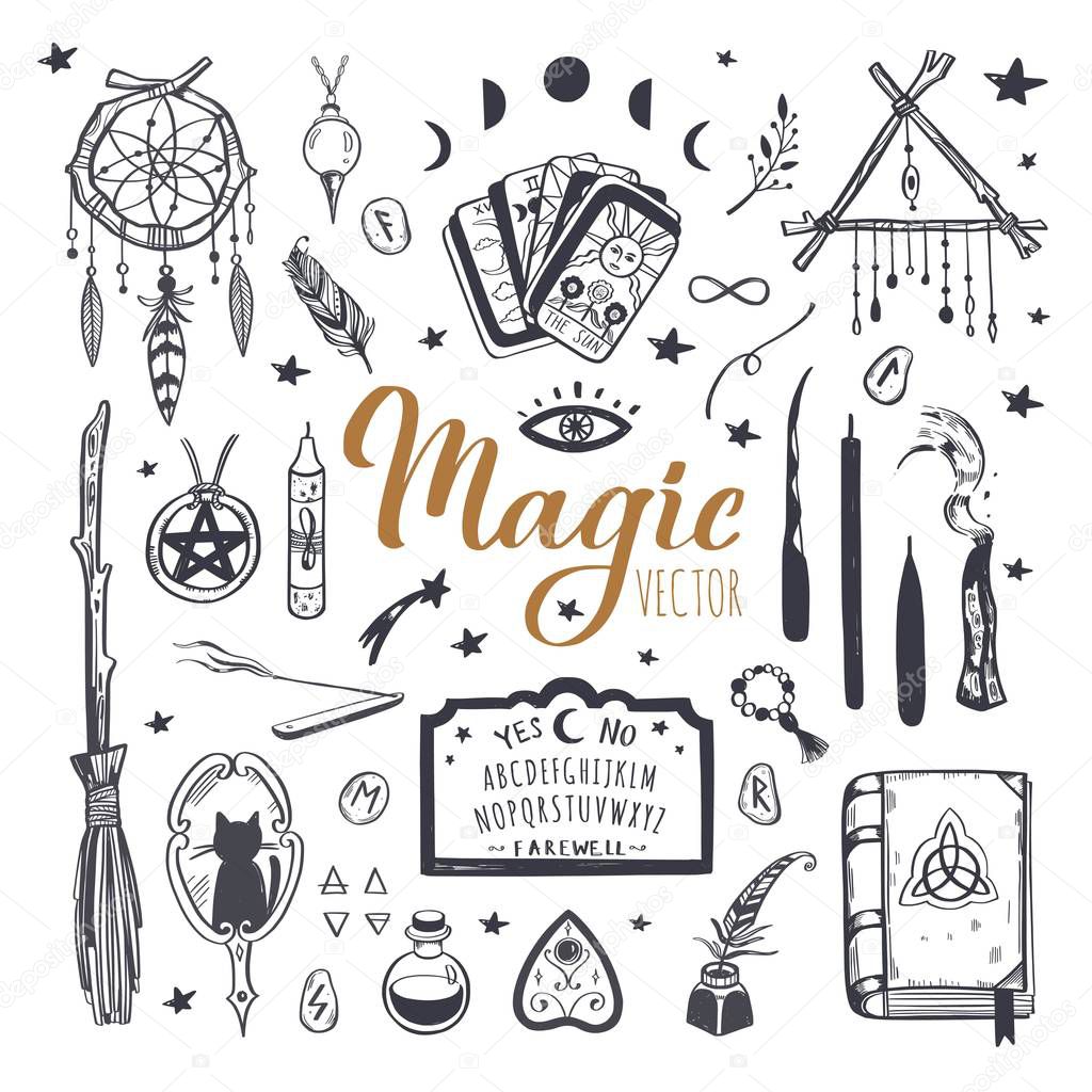 Witchcraft, magic background for witches and wizards. Wicca and pagan tradition. Vector vintage collection. Hand drawn elements candles, book of shadows, potion, tarot cards