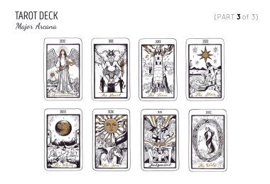 Tarot card deck. Major arcana set part 1of 3 . Vector hand drawn engraved style. Occult and alchemy. The fool, magician, high priestess, empress, emperor, lovers, hierophant, chariot