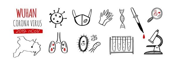 Wuhan Coronavirus 2019 vector hand drawn infographic icons set. Dangerous chinese ncov corona virus, laboratory elements, bacteria, medical mask, blood test — 图库矢量图片