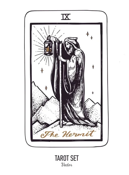 Vector hand drawn Tarot card deck. Major arcana the Hermit. Engraved vintage style. Occult, spiritual and alchemy — 图库矢量图片
