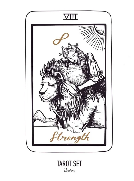 Vector hand drawn Tarot card deck. Major arcana the Strength. Engraved vintage style. Occult, spiritual and alchemy — 图库矢量图片