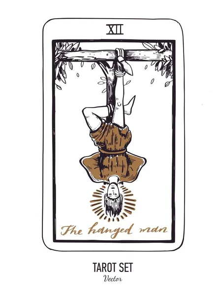 Vector hand drawn Tarot card deck. Major arcana the Hanged man. Engraved vintage style. Occult, spiritual and alchemy — Stok Vektör