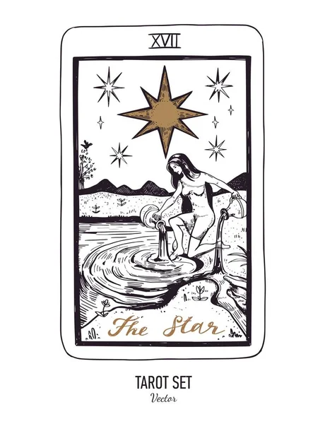 Vector hand drawn Tarot card deck. Major arcana The Star. Engraved vintage style. Occult, spiritual and alchemy symbolism — Stock vektor