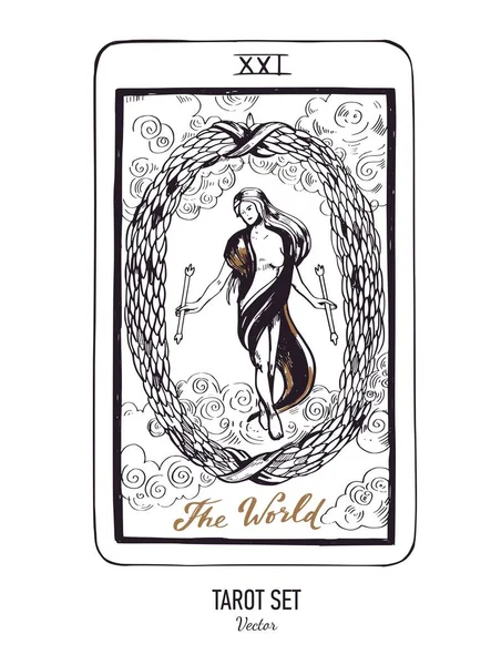 Vector hand drawn Tarot card deck. Major arcana The World. Engraved vintage style. Occult, spiritual and alchemy symbolism — 图库矢量图片