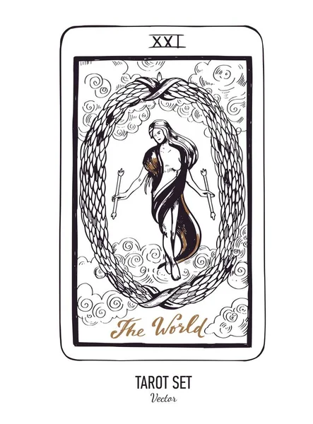 Baraja de cartas del Tarot dibujada a mano vectorial. Mayor arcana El Mundo. Estilo vintage grabado. Simbolismo oculto, espiritual y alquimista — Archivo Imágenes Vectoriales