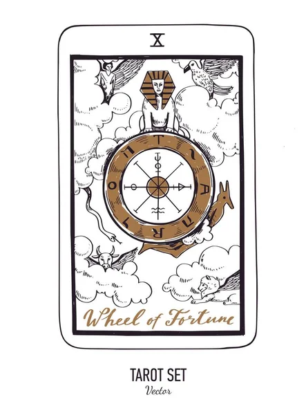 Vector hand drawn Tarot card deck. Major arcana Wheel of fortune. Engraved vintage style. Occult, spiritual and alchemy symbolism — 图库矢量图片