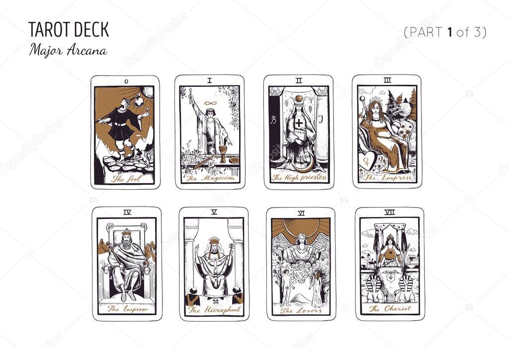 Tarot card deck. Major arcana set part 3 of 3 . Vector hand drawn engraved style. Occult and alchemy . The sun, moon, star, temperance, tower, world, judgement