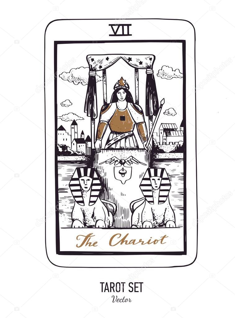 Vector hand drawn Tarot card deck. Major arcana the Chariot. Engraved vintage style. Occult, spiritual and alchemy