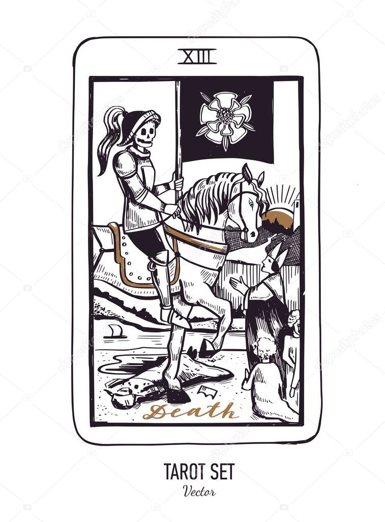 Vector hand drawn Tarot card deck. Major arcana Death. Engraved vintage style. Occult, spiritual and alchemy