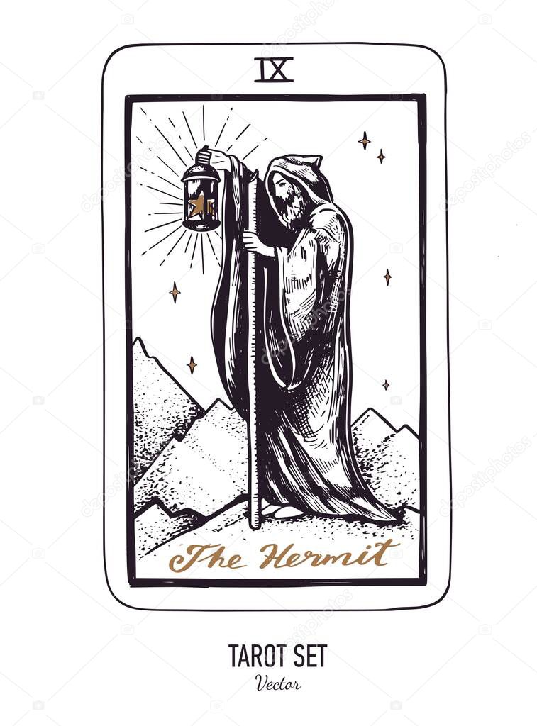 Vector hand drawn Tarot card deck. Major arcana the Hermit. Engraved vintage style. Occult, spiritual and alchemy