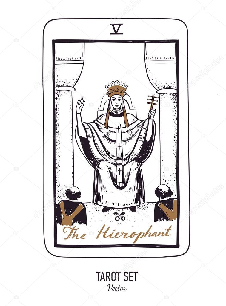 Vector hand drawn Tarot card deck. Major arcana the Hierophant. Engraved vintage style. Occult, spiritual and alchemy