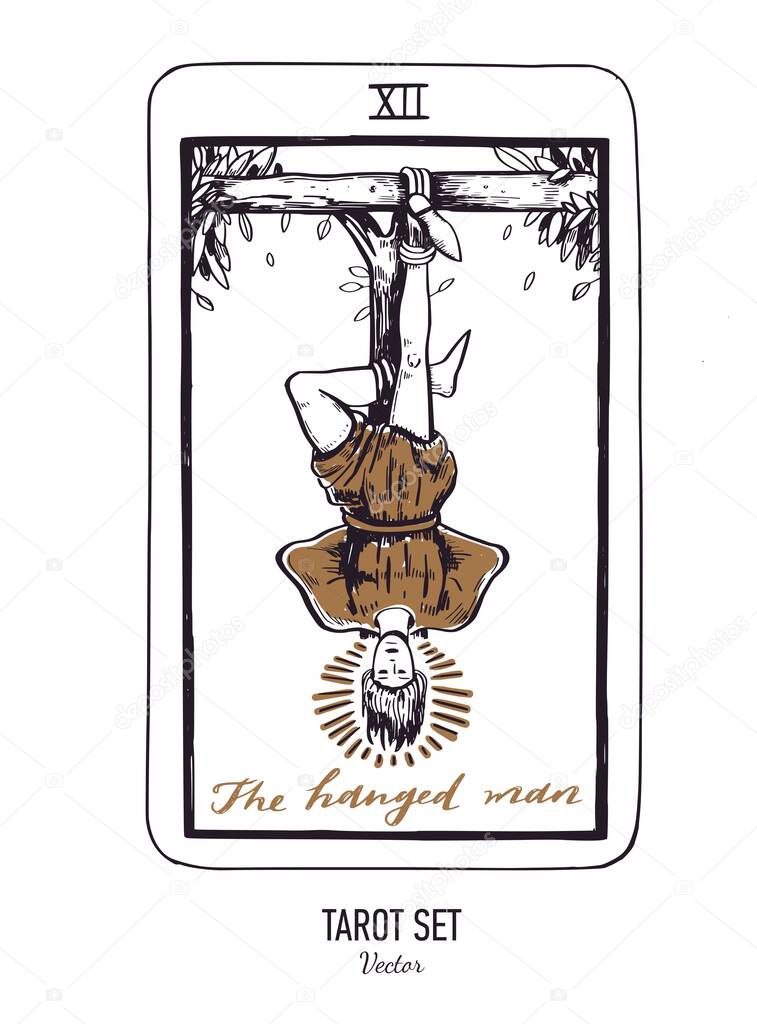 Vector hand drawn Tarot card deck. Major arcana the Hanged man. Engraved vintage style. Occult, spiritual and alchemy