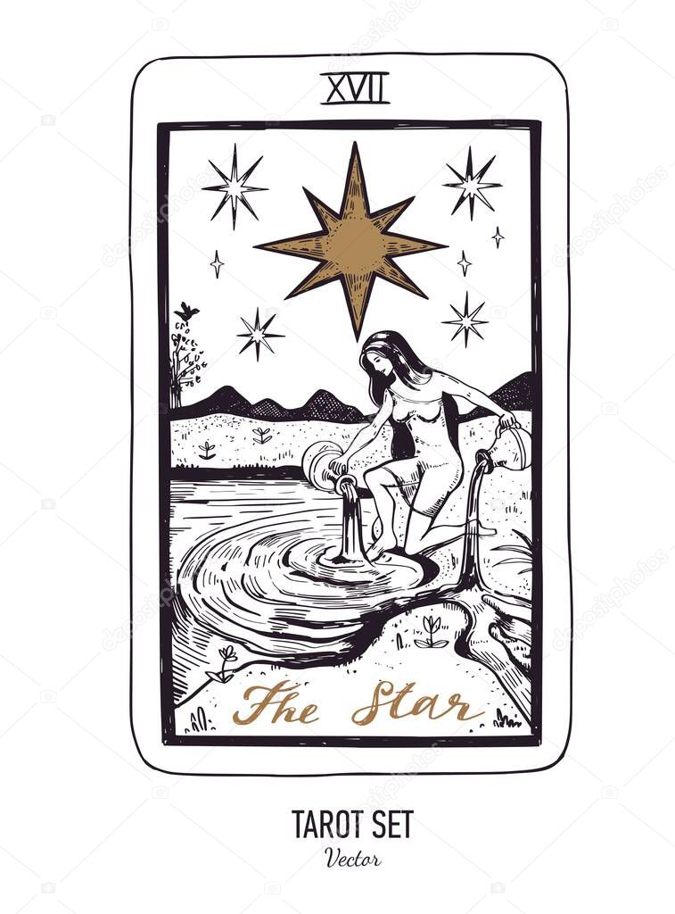 Vector hand drawn Tarot card deck. Major arcana The Star. Engraved vintage style. Occult, spiritual and alchemy symbolism