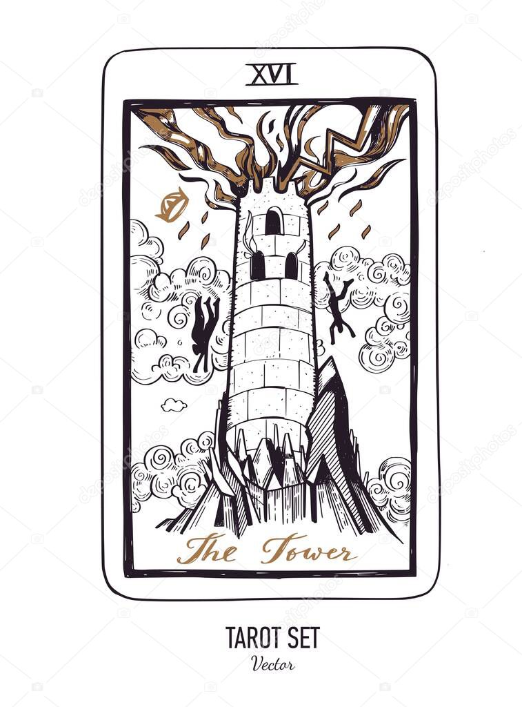 Vector hand drawn Tarot card deck. Major arcana the Tower. Engraved vintage style. Occult, spiritual and alchemy symbolism