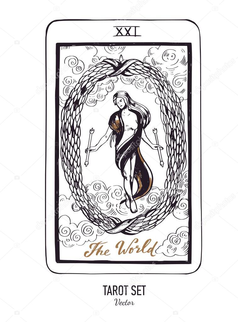 Vector hand drawn Tarot card deck. Major arcana The World. Engraved vintage style. Occult, spiritual and alchemy symbolism