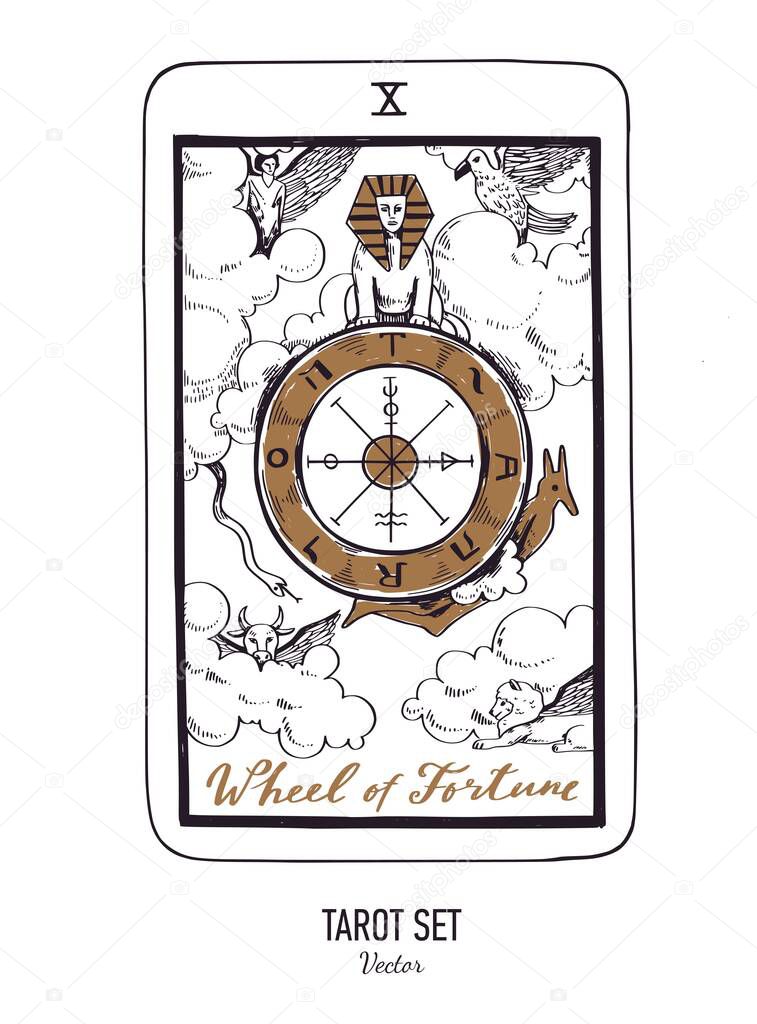 Vector hand drawn Tarot card deck. Major arcana Wheel of fortune. Engraved vintage style. Occult, spiritual and alchemy symbolism