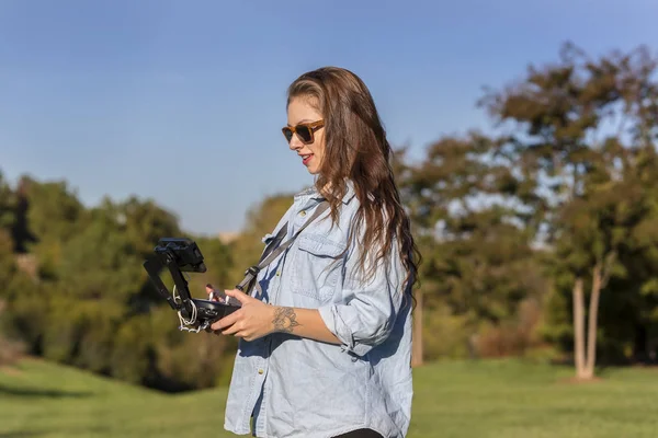 Brunette Coed Flying A Drone — Stock Photo, Image