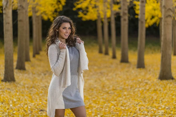 Morena modelo en otoño follaje — Foto de Stock