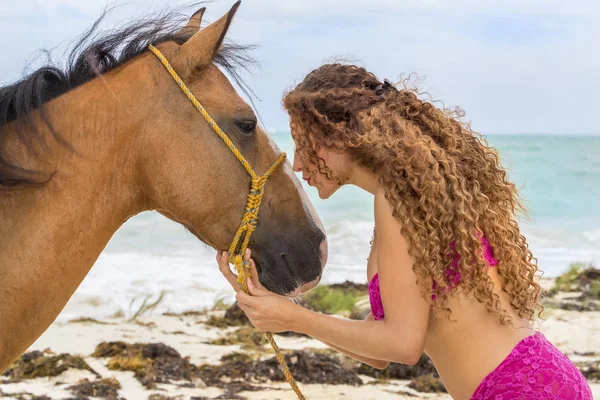 Modelo morena hispana y caballo — Foto de Stock