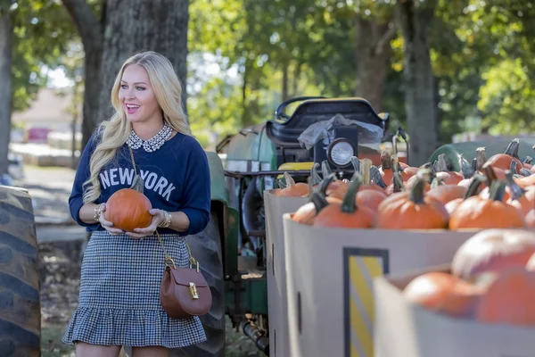 Female Shopping For Halloween Pumpkin — Stock Photo, Image