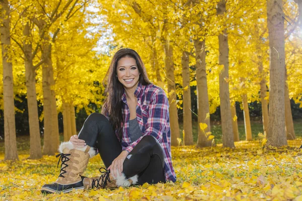 Bella coreano bruna modello in posa in un campo di giallo foglia — Foto Stock