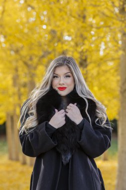 Güzel sarışın Model sarı yapraklar bir alana poz