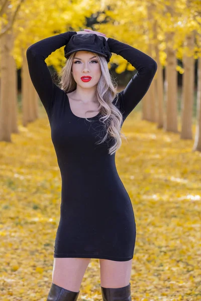 Όμορφη ξανθιά μοντέλο ποζάρει σε ένα πεδίο της κίτρινα φύλλα — Φωτογραφία Αρχείου