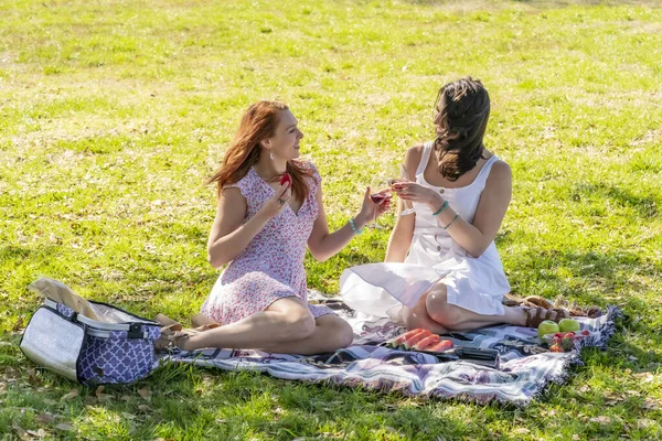 Dos Hermosas Modelos Disfrutando Compañía Los Demás Día Otoño Con — Foto de Stock