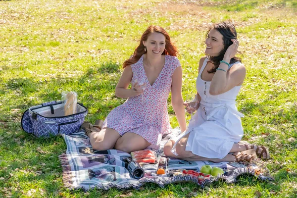 Two Gorgeous Models Enjoying Each Others Company Fall Day Picnic — Stock Photo, Image