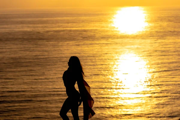 Una Splendida Modella Bikini Bruna Sdraiata Sulla Riva Della Spiaggia — Foto Stock