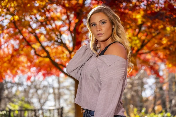 Una Hermosa Modelo Rubia Disfruta Día Otoño Aire Libre Parque — Foto de Stock