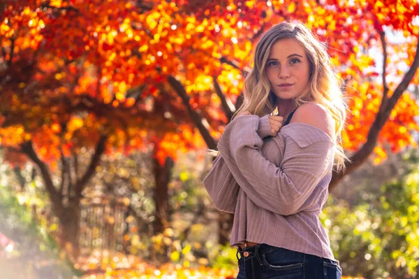 Una Hermosa Modelo Rubia Disfruta Día Otoño Aire Libre Parque — Foto de Stock