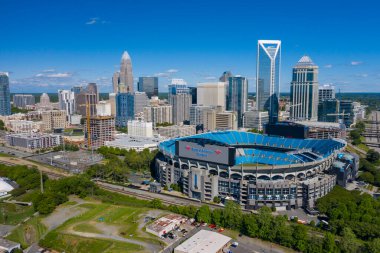 1 Mayıs 2020 - Charlotte, Kuzey Carolina, ABD: NFL Carolina Panthers 'ın Charlotte, NC' de oynadığı Bank of America Stadyumu 'nun hava manzarası.