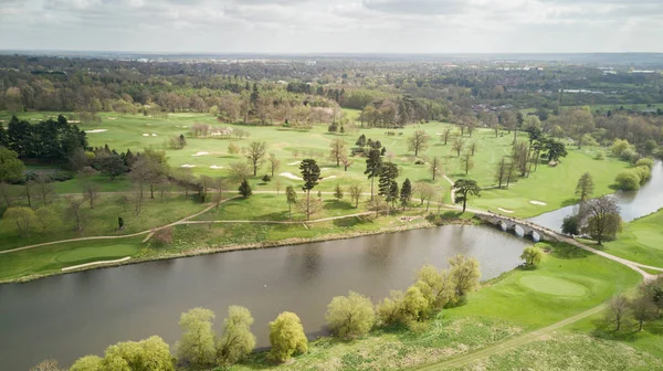 English countryside, bridge and river; aerial view.