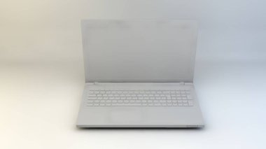 3D çizim, 3D çizim. Işık arkaplanındaki bir dizüstü bilgisayarın resmi.