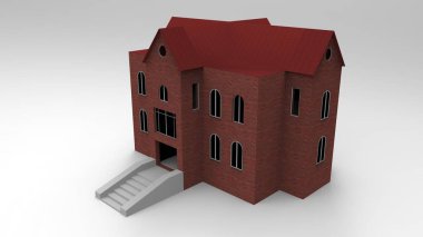 3D çizim, 3D çizim. Pencereleri ve merdivenleri olan ışıklı bir arka planda tuğla ev.