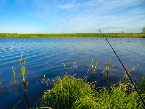 Fishing on a pond with fishing rods. Beautiful pond and fishing rods on the background of the pond.